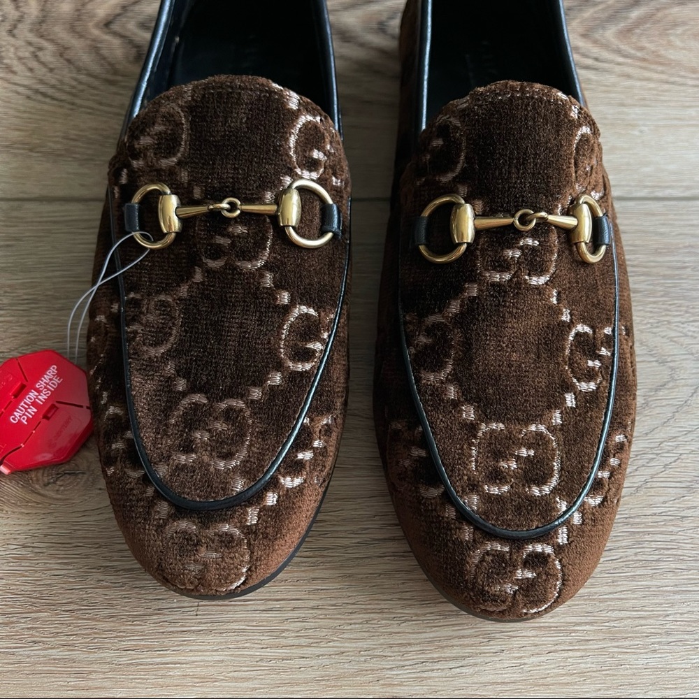 Gucci Women's Brown Jordaan GG Monogram Velvet Horsebit Loafer Shoes NEW - Picture 5 of 17